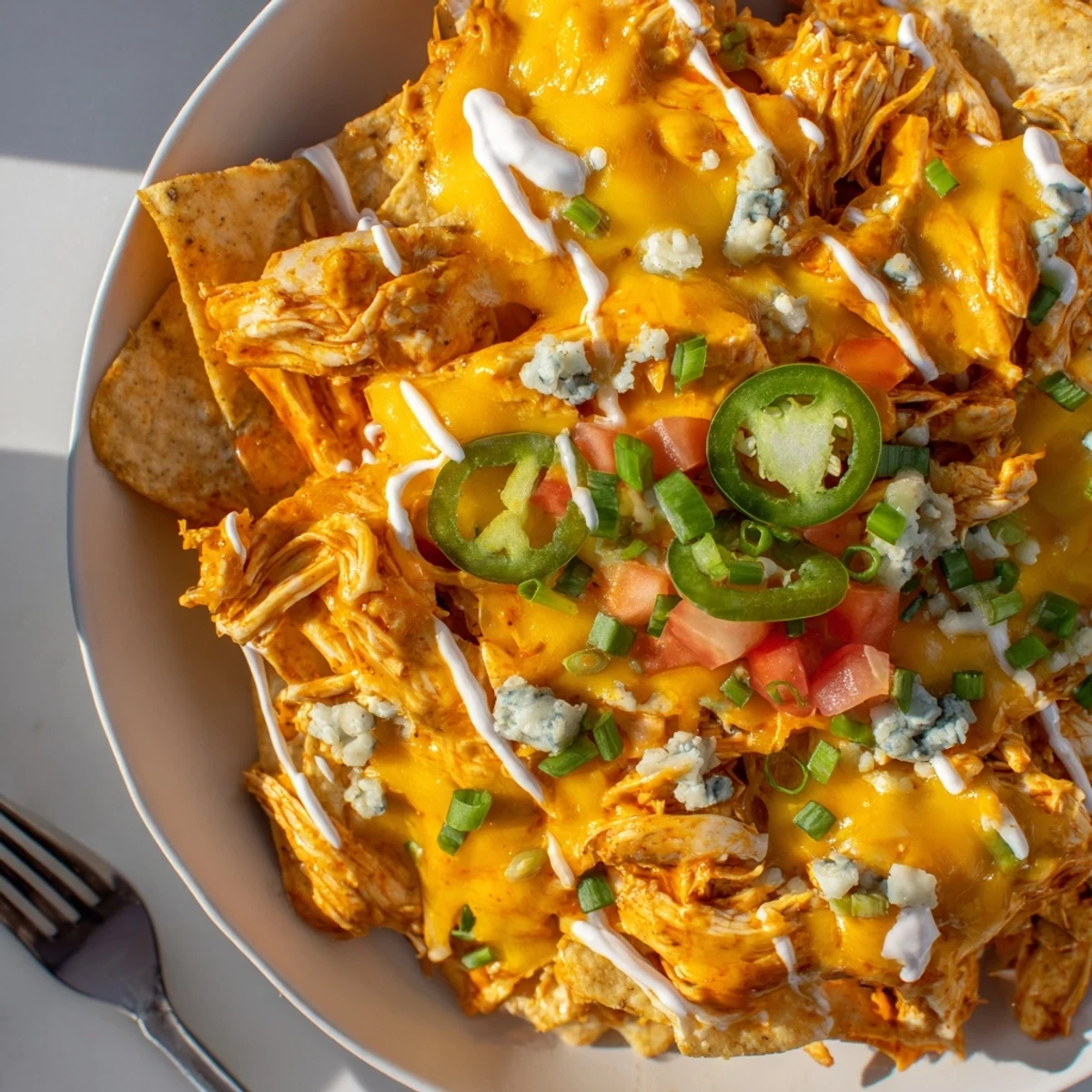 Buffalo Chicken Nachos sizzling with melted cheddar, jalapeños, and blue cheese