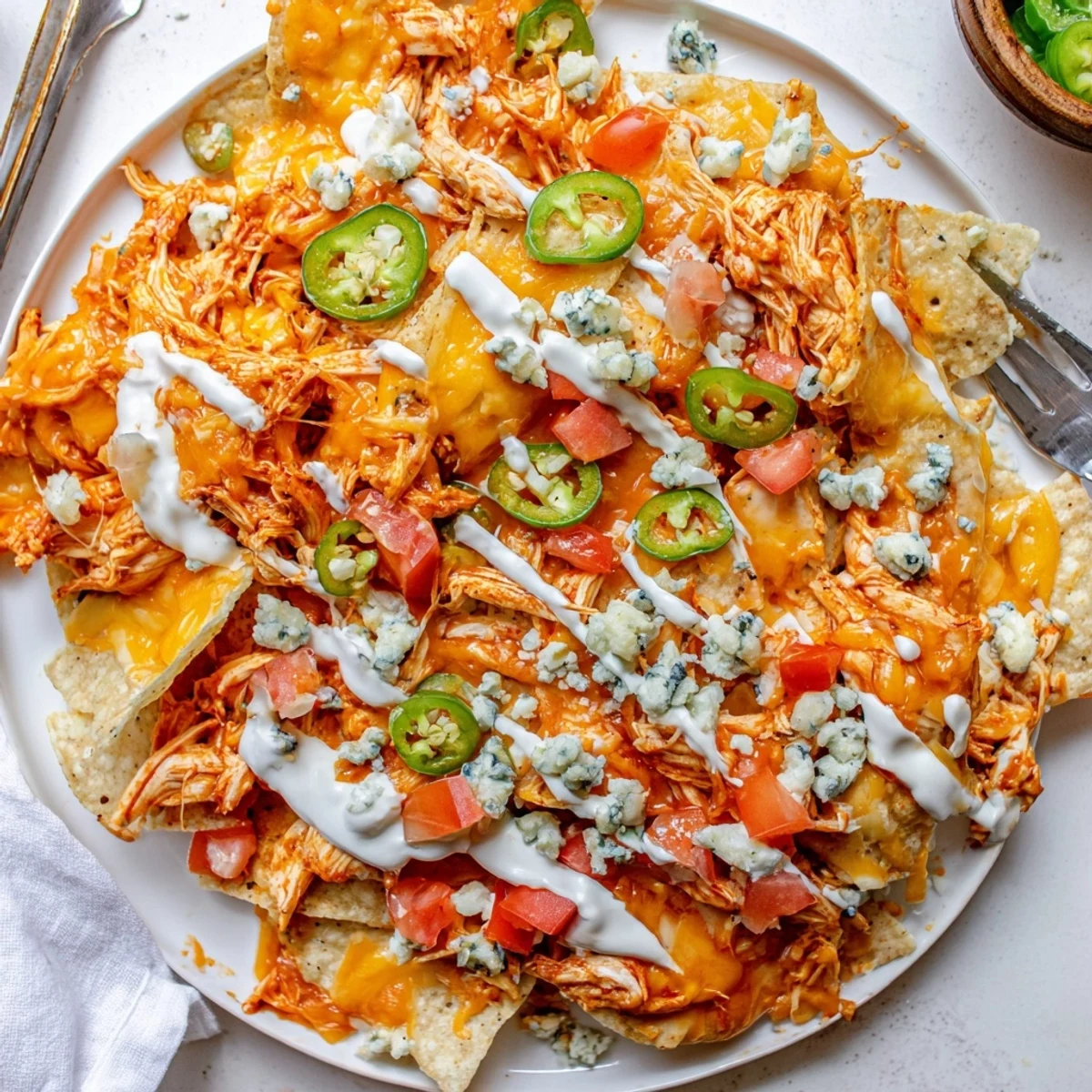 Crispy Buffalo Chicken Nachos piled on a baking sheet, drizzled with ranch