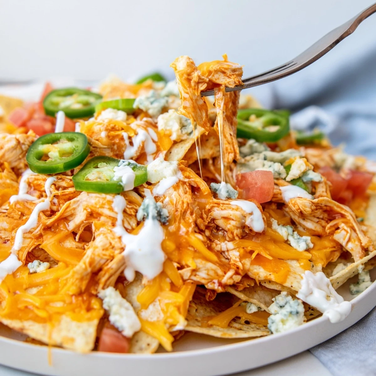 Family-style Buffalo Chicken Nachos topped with diced tomatoes, green onions, tangy dressing