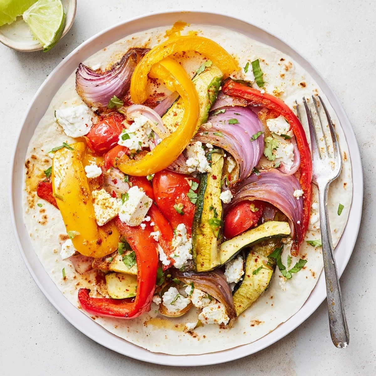 Tajin Feta Sheet Pan Fajitas sizzling with charred peppers, zesty lime wedges
