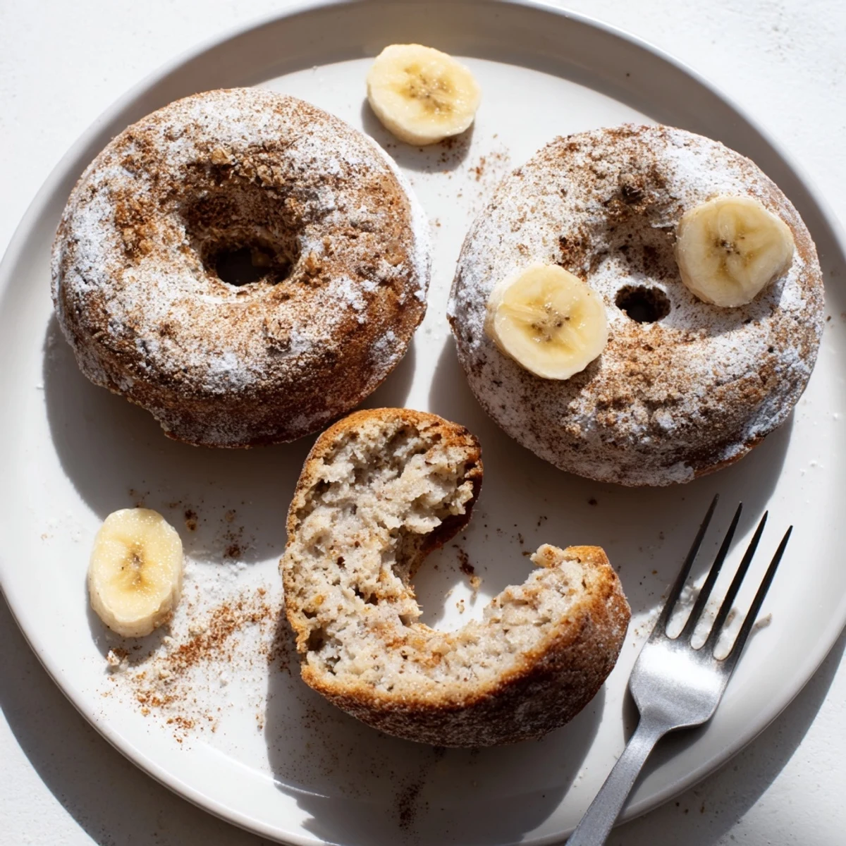 Stack of glazed Banana Donuts beside steaming coffee, tender banana aroma rising