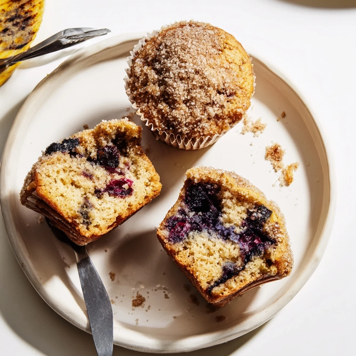 Fresh Blueberry Banana Muffins, tender crumb and cinnamon aroma, served with butter.