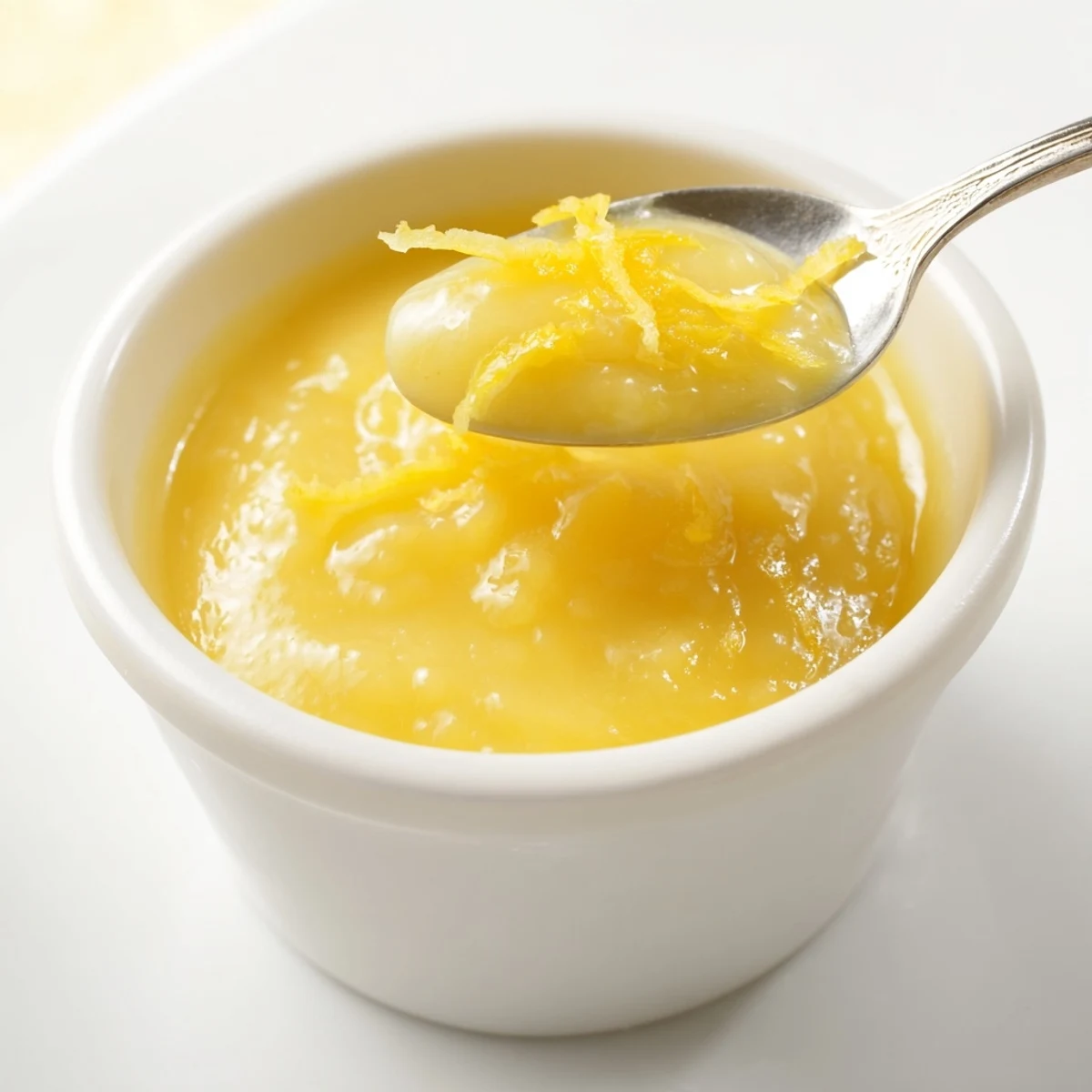 Homemade Lemon Curd spoon resting, buttery sheen, perfect for tart filling.