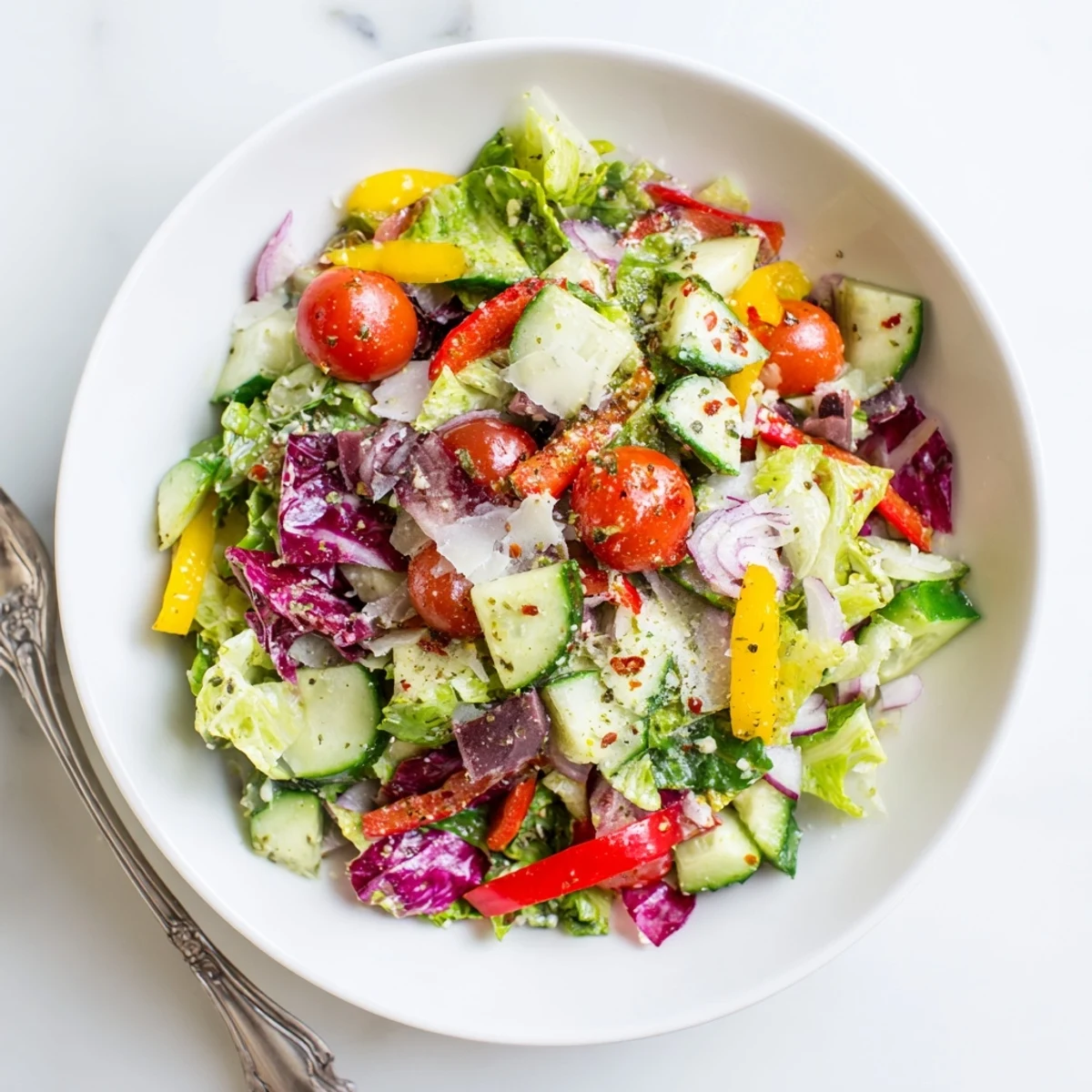Bright Zesty Italian Chopped Salad With Parmesan And Peppers served with crusty bread