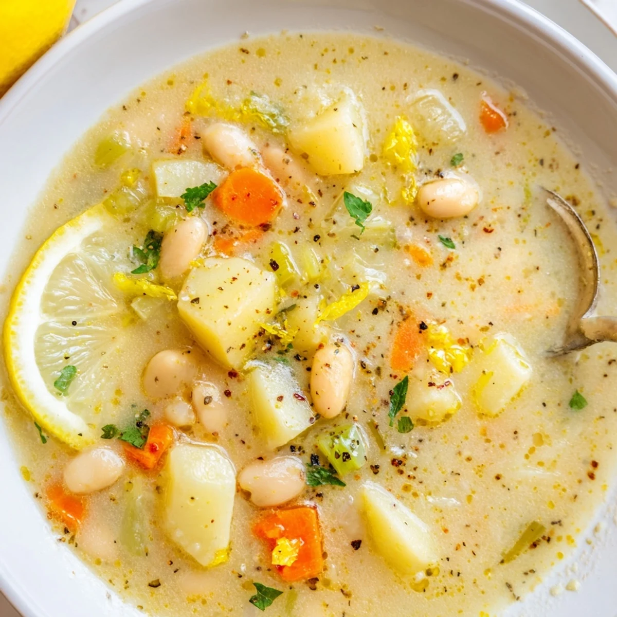 Bowl of Cozy Lemon White Bean Potato Soup steamy, creamy, garnished with parsley