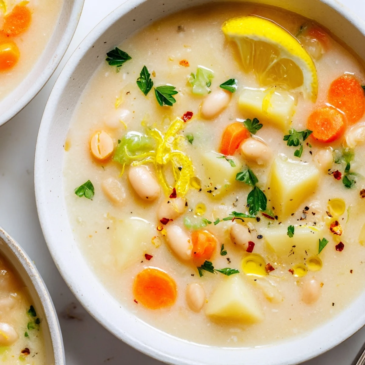 Hearty Cozy Lemon White Bean Potato Soup served hot with crusty bread