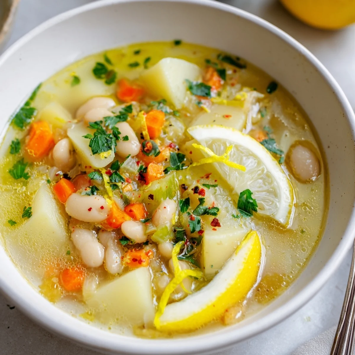 Comforting Cozy Lemon White Bean Potato Soup brightened by lemon zest, peppery finish