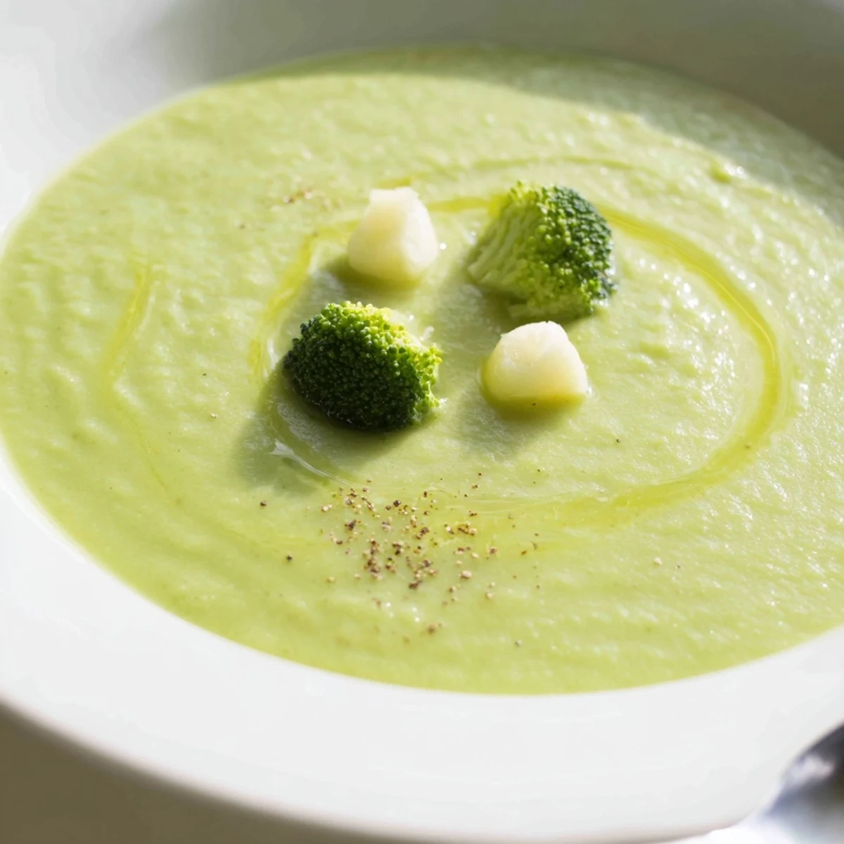 Creamy Broccoli Soup steaming in a bowl, garnished with cream swirl  