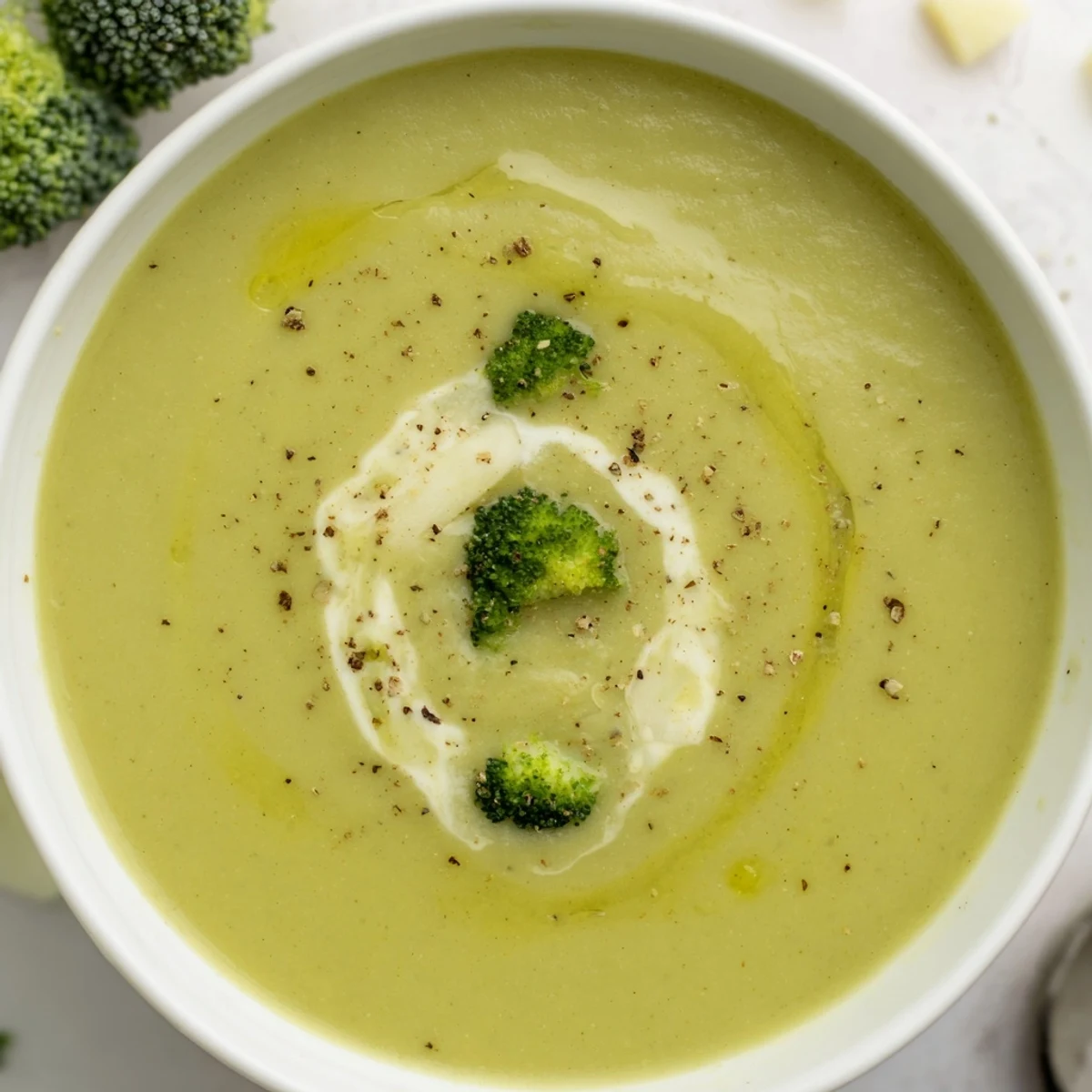 Velvety Broccoli Soup blended until smooth, topped with bright green florets
