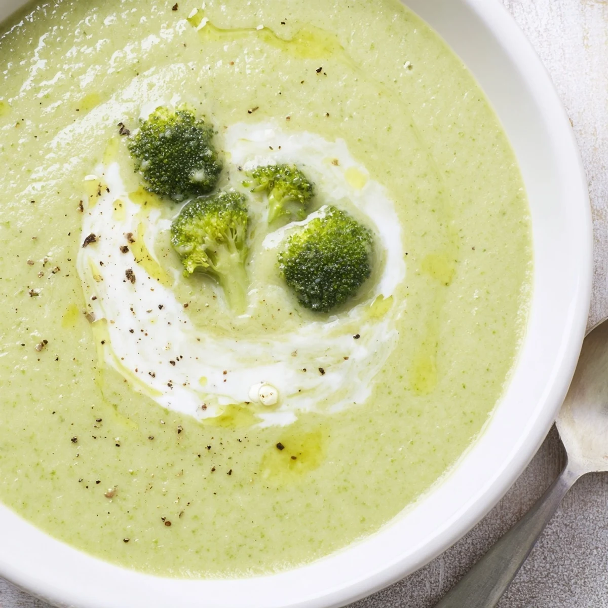 Homemade Broccoli Soup ladled beside crusty bread, fragrant garlic and nutmeg  