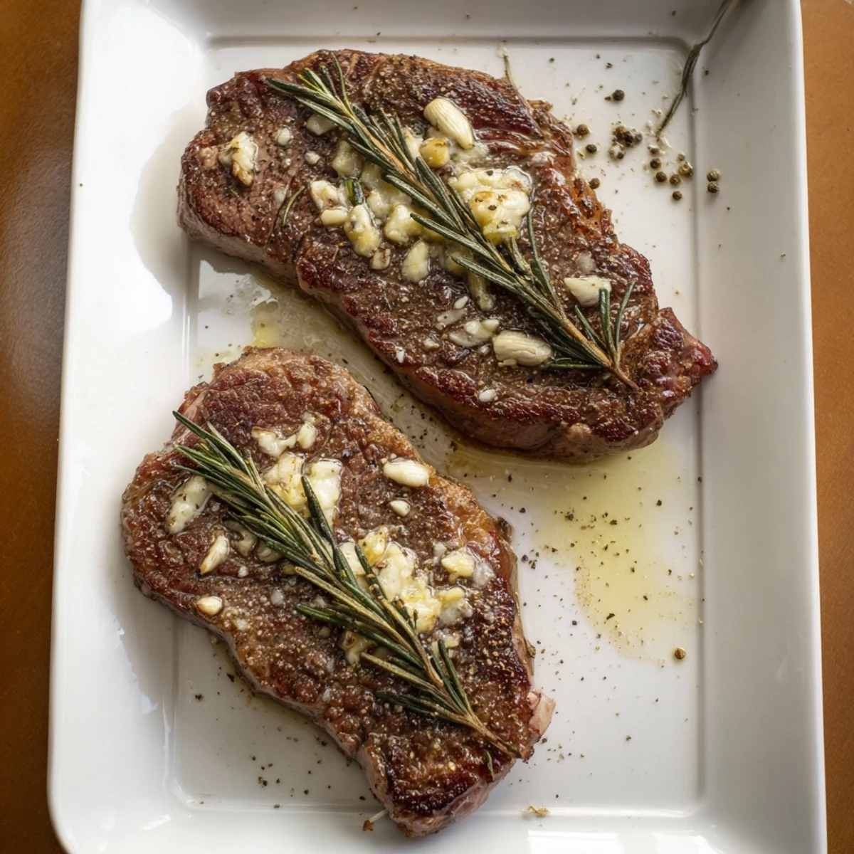 Golden pan-seared garlic butter steak resting on a white plate with melted herb butter pooling on top