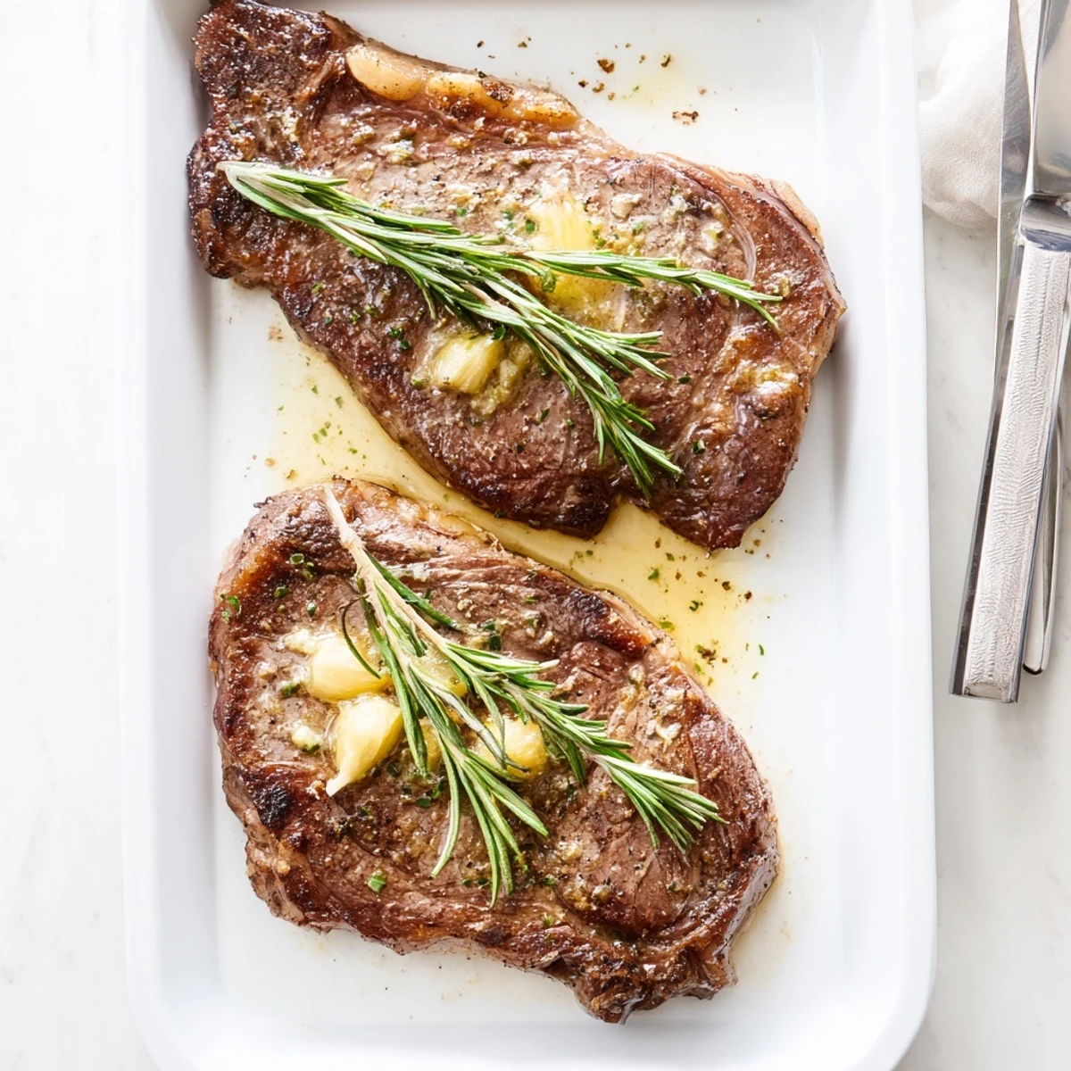 Sizzling ribeye steak basted with aromatic garlic butter in a cast iron skillet with fresh rosemary sprigs