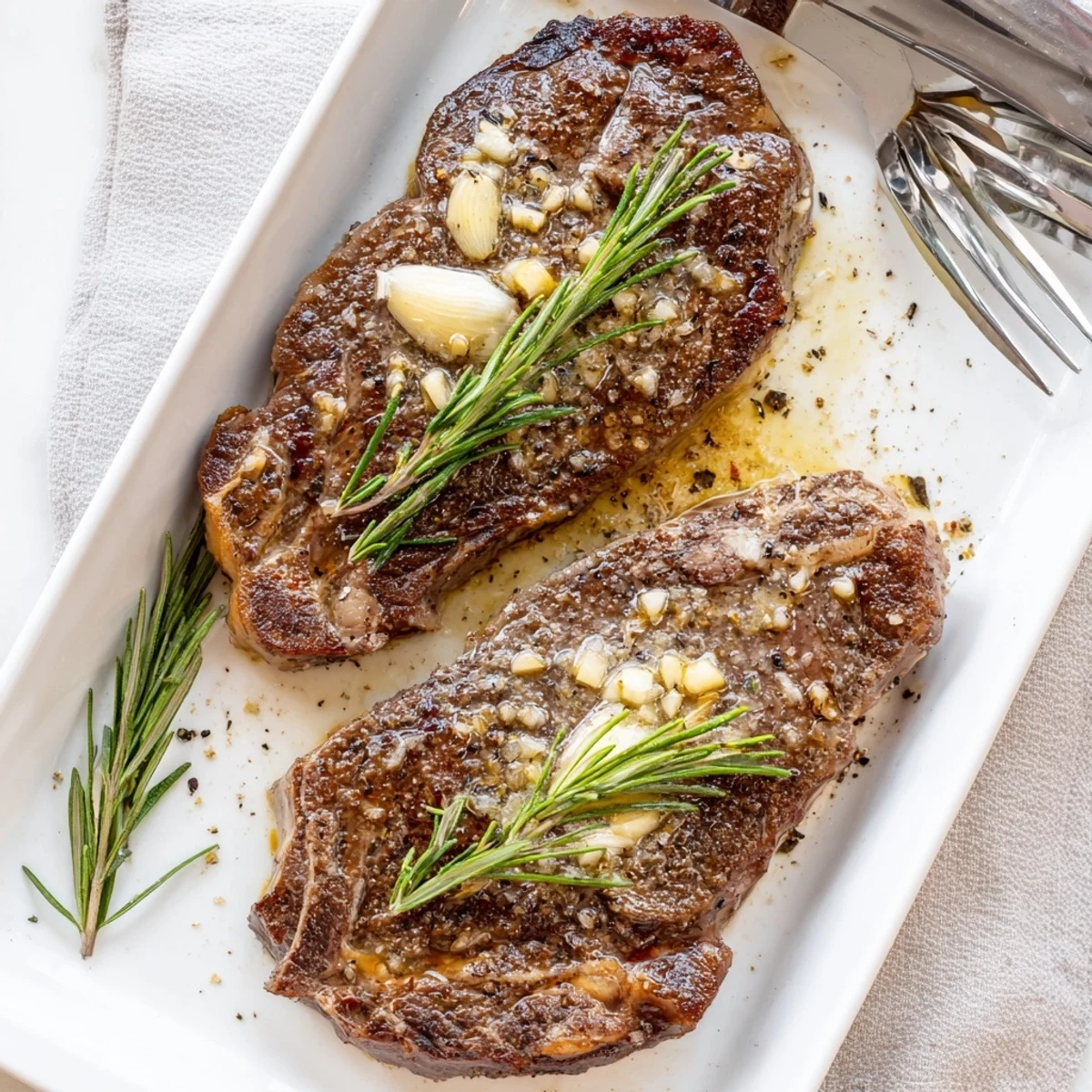 Perfectly cooked garlic butter steak with a rich brown crust served with roasted vegetables on a wooden board