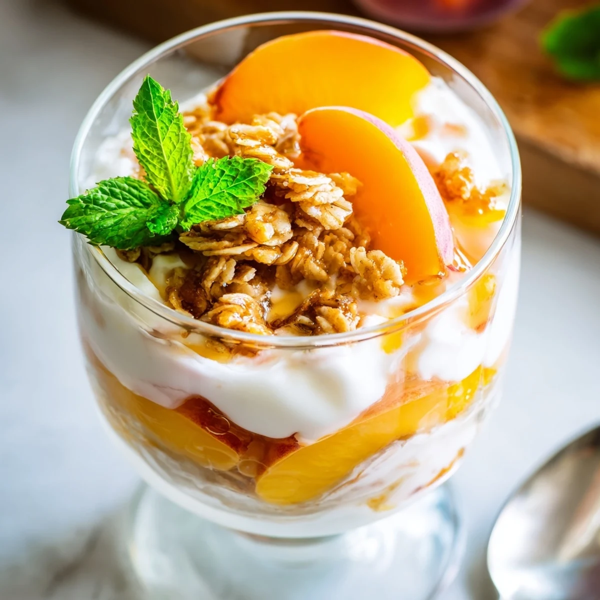Glass parfait dish stacked with honey-drizzled peaches and Greek yogurt layers creating this irresistible sweet peach yogurt parfait delight