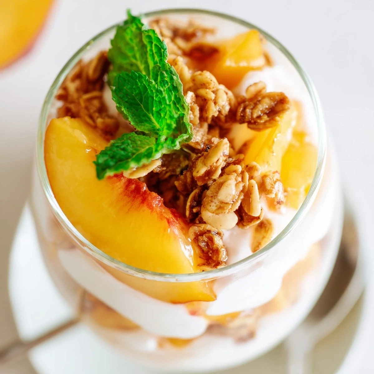 Golden layers of creamy yogurt and juicy peaches topped with crunchy granola in a sweet peach yogurt parfait delight