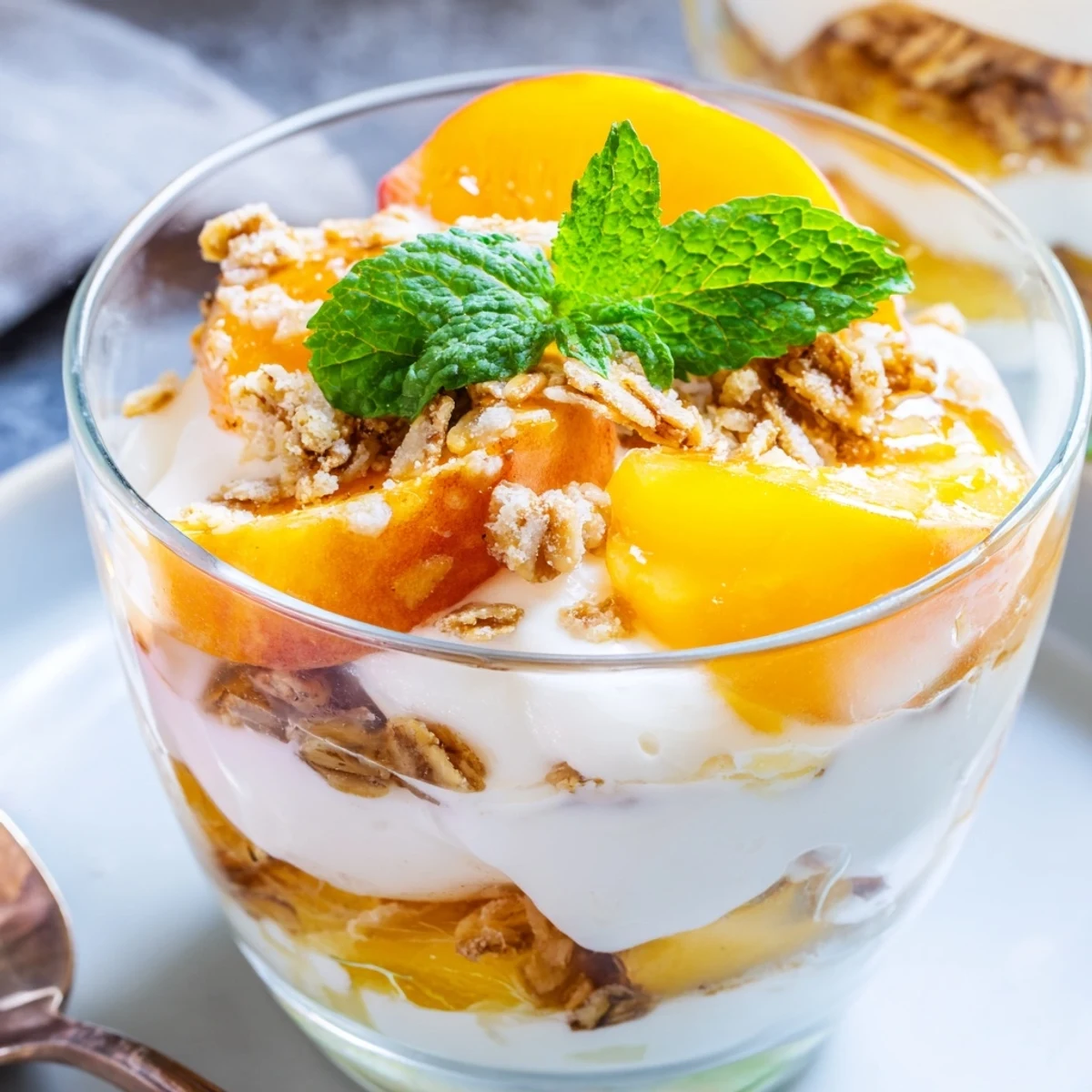 Wholesome breakfast bowl featuring fresh sliced peaches alternating with velvety yogurt and crisp granola in this sweet peach yogurt parfait delight