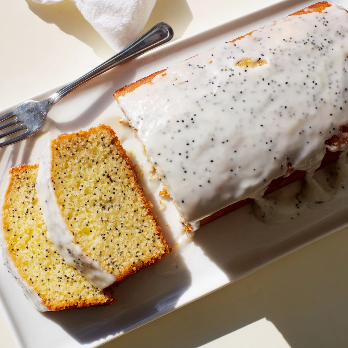 Moist lemon poppy seed slice topped with zesty citrus glaze and scattered poppy seeds
