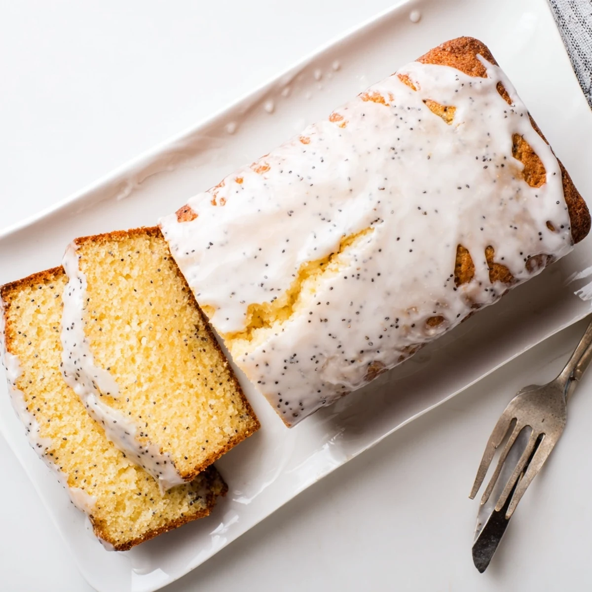 Freshly baked lemon poppy seed cake with glossy lemon icing on white ceramic board