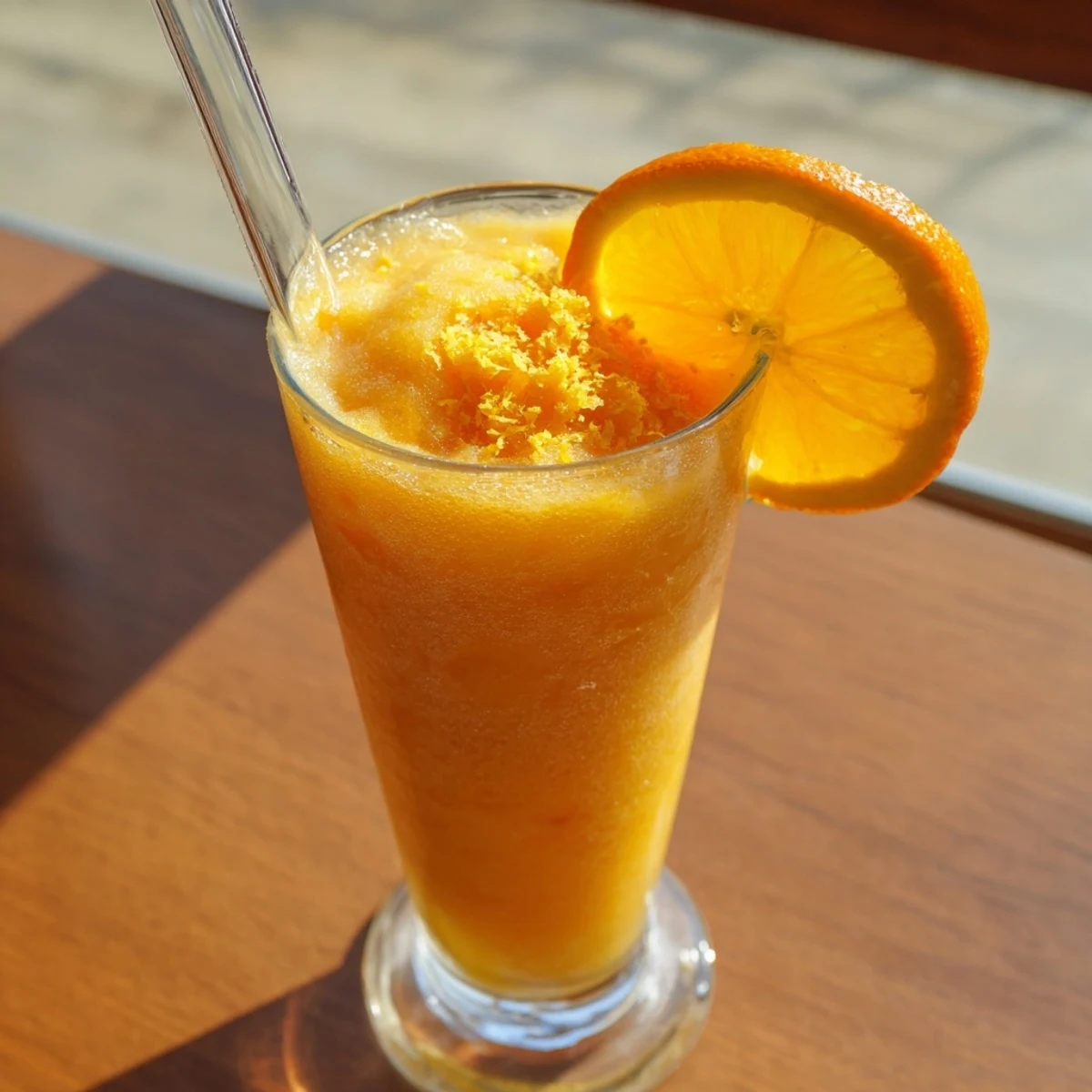 Garnished glass of Sun Kissed Frozen Orange Cream Slush topped with fresh orange slice on a sunny patio