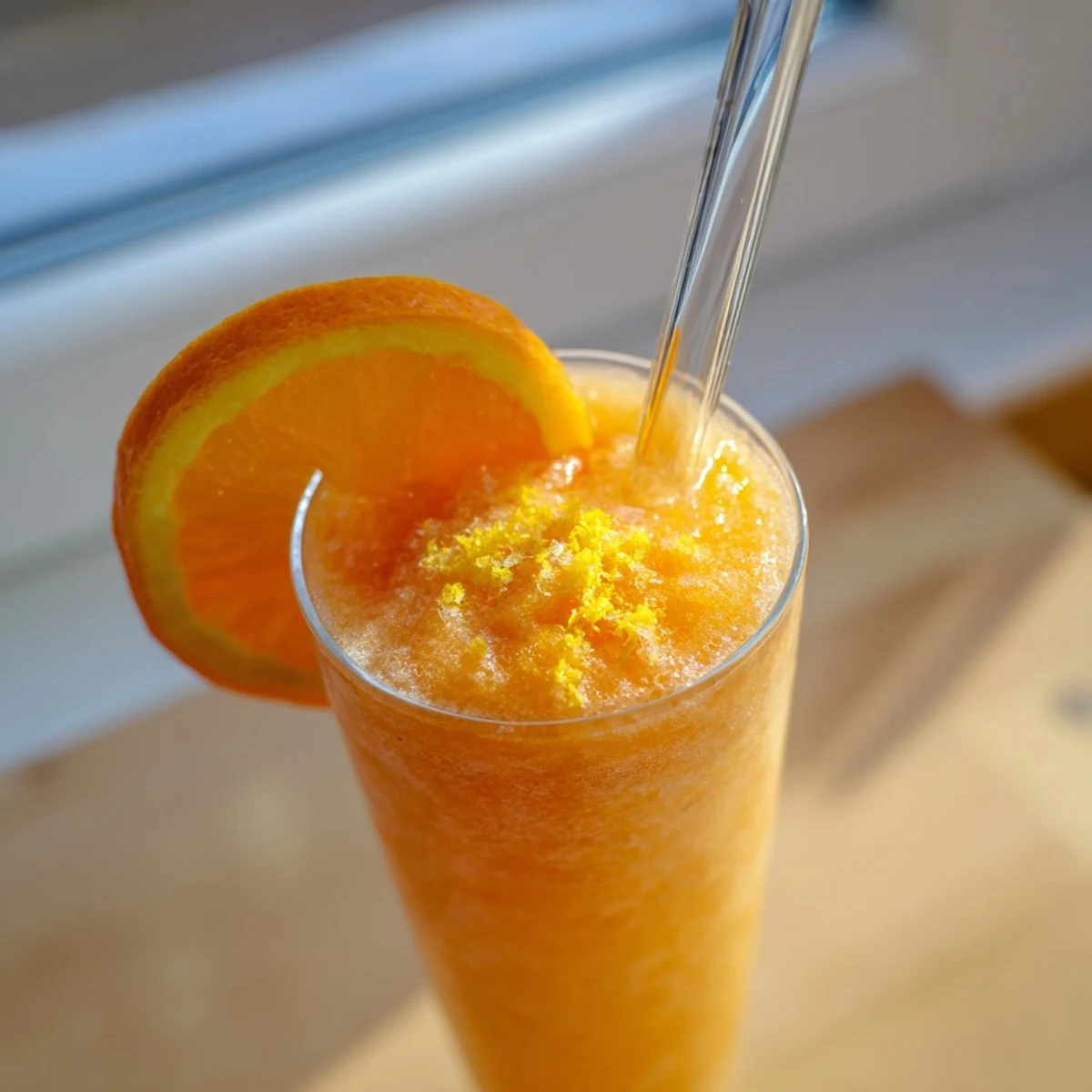 Creamy orange slush drink in a chilled mason jar with mint sprig garnish and condensation on glass