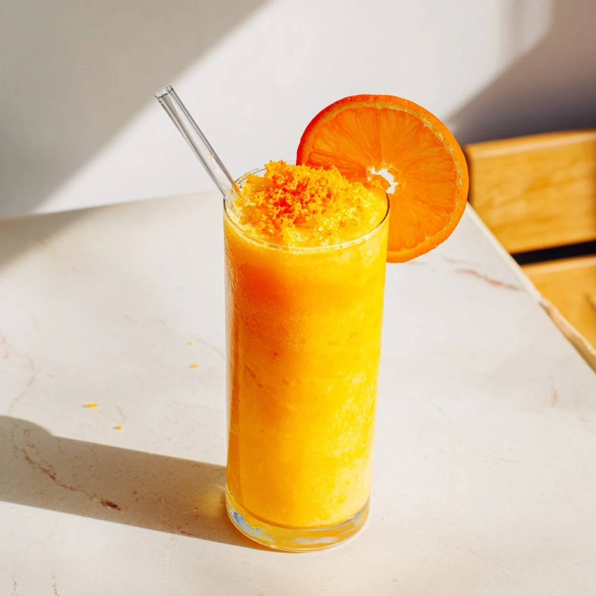 Tall glass of frozen orange cream slush with whipped cream swirl and zest garnish on wooden table