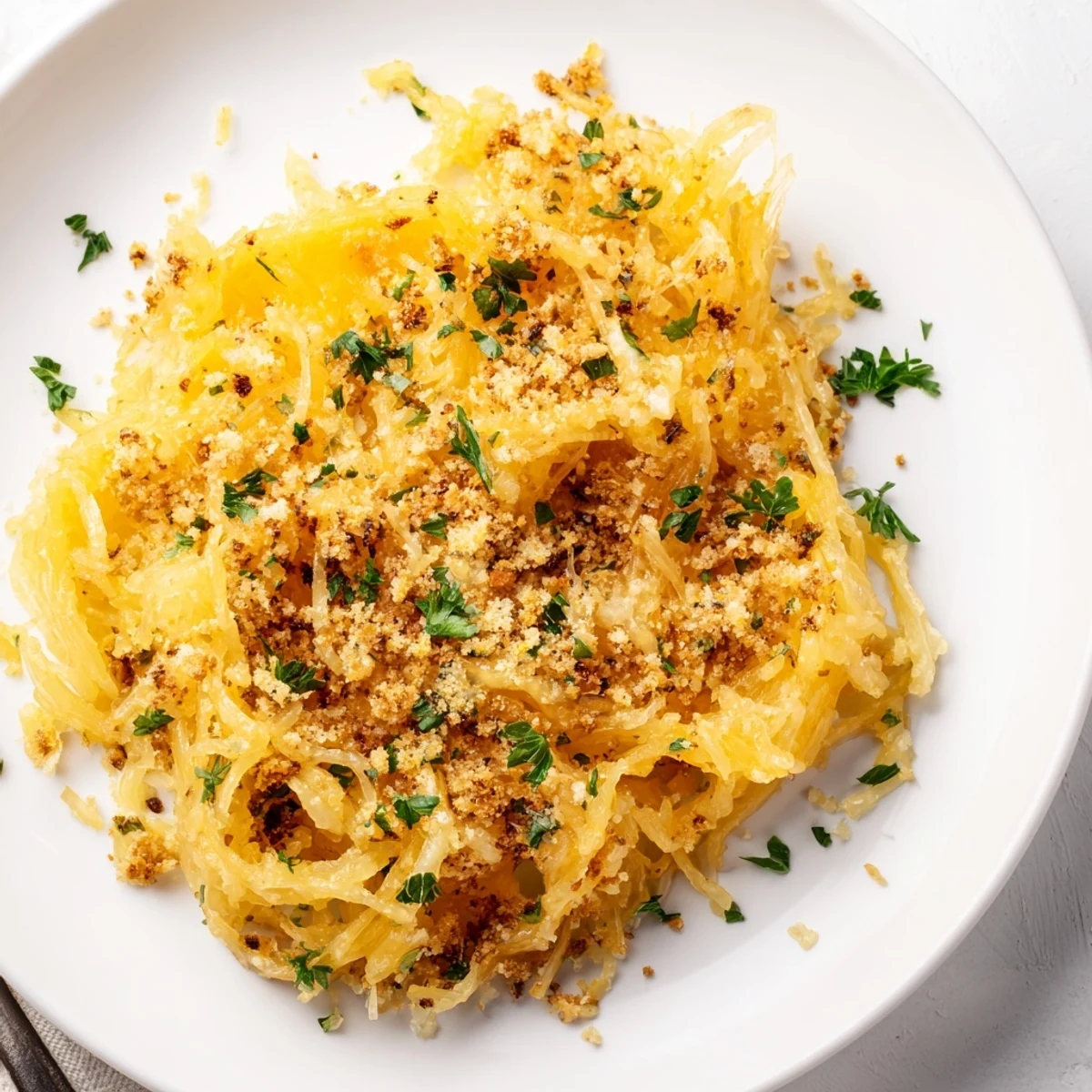 Golden spaghetti squash mac and cheese topped with crispy breadcrumbs and fresh parsley