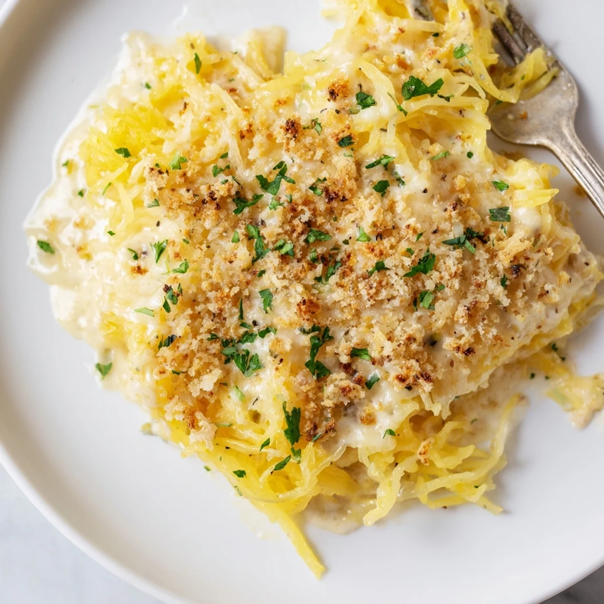 Creamy gluten-free spaghetti squash mac and cheese bubbling in a white baking dish