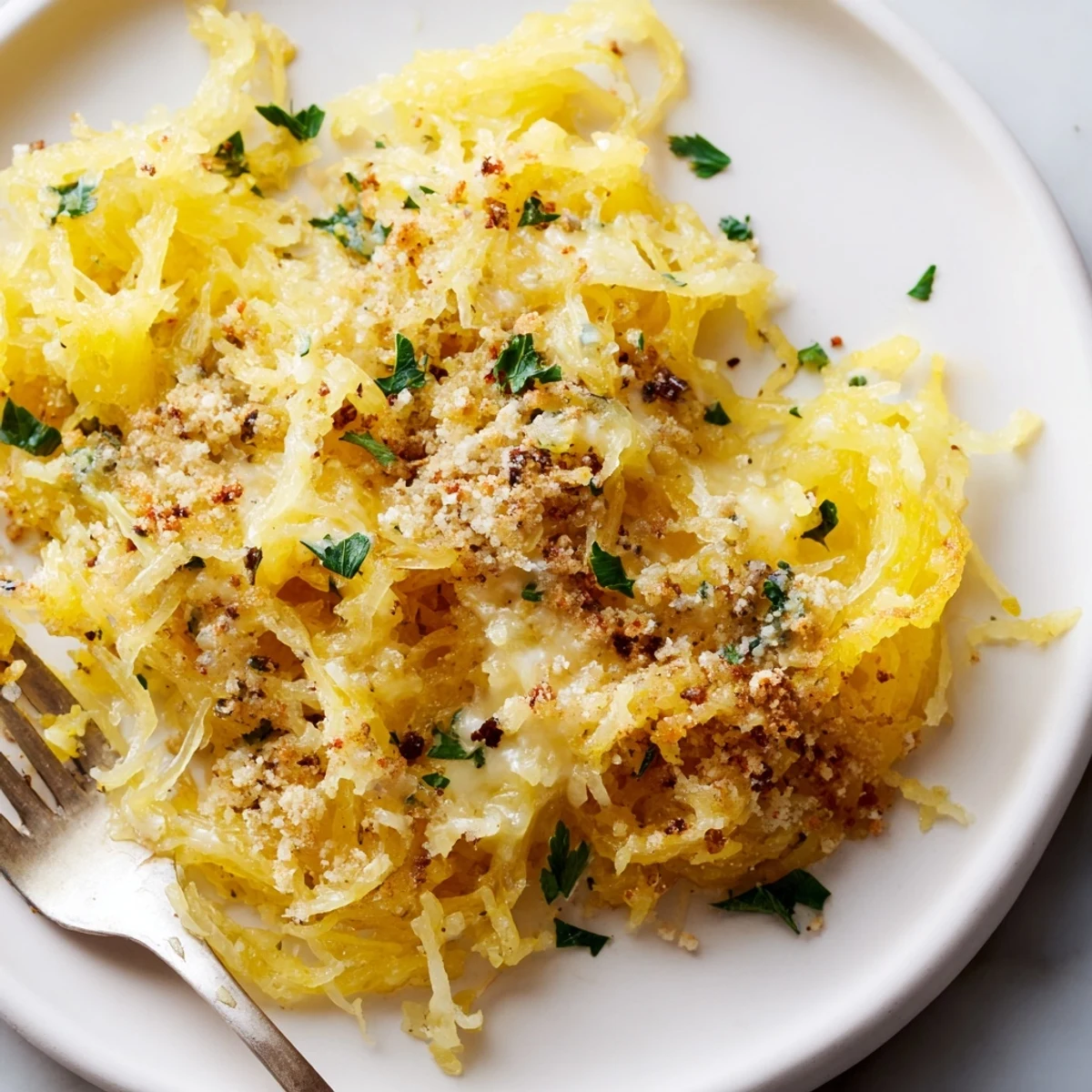 Roasted spaghetti squash strands coated in rich cheddar cheese sauce with golden melted top