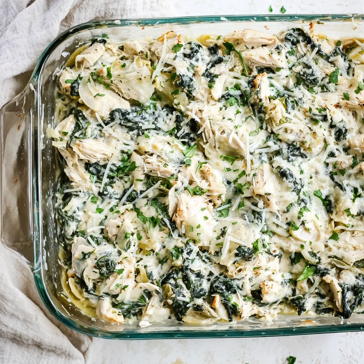 Tender chicken pieces nestled in rich Spinach Artichoke Chicken Casserole with golden brown cheese crust