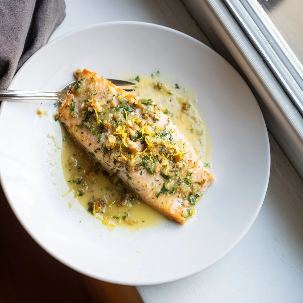 Pan-seared salmon fillet with creamy lemon garlic sauce drizzled over golden crispy edges