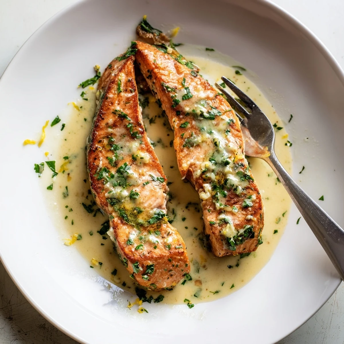 Tender salmon with lemon cream sauce plated with fresh parsley garnish and lemon wedges