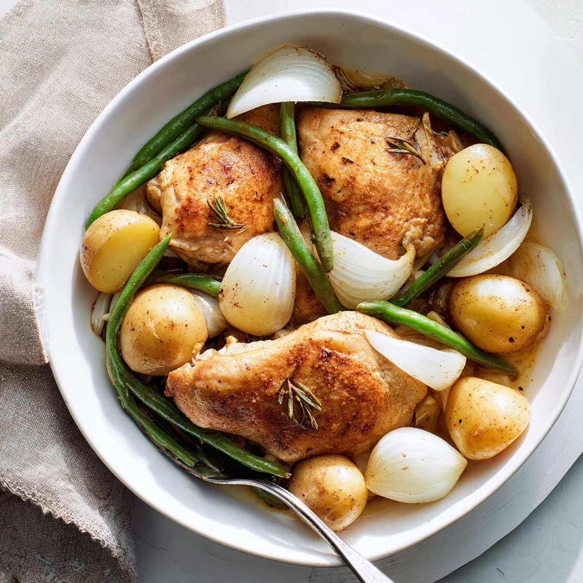 Golden brown chicken breasts nestled among tender baby potatoes and crisp green beans in a rich slow cooker meal.