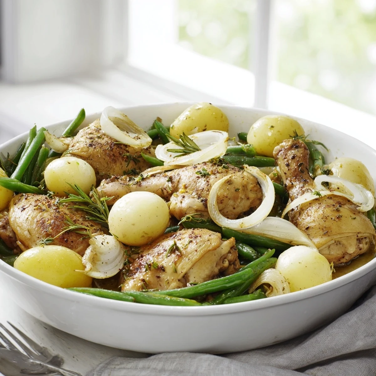 A hearty one-pot dinner featuring seasoned chicken thighs, creamy potatoes, and fresh green beans cooked to tender perfection.