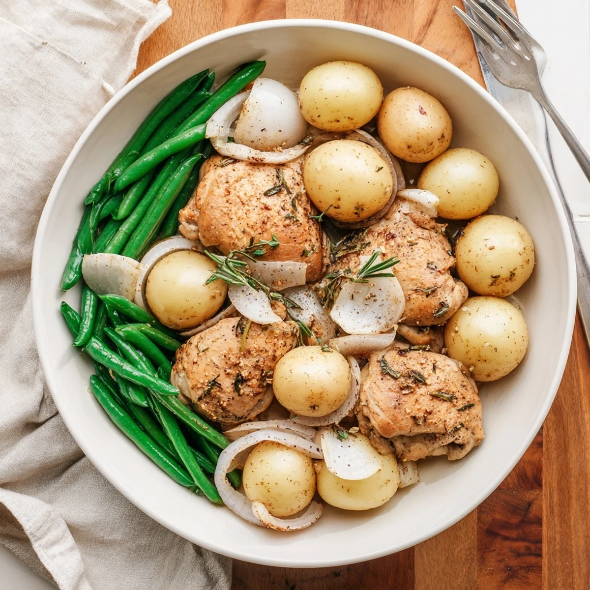 Comforting slow cooker chicken and potatoes with green beans served steaming hot in a deep ceramic bowl.