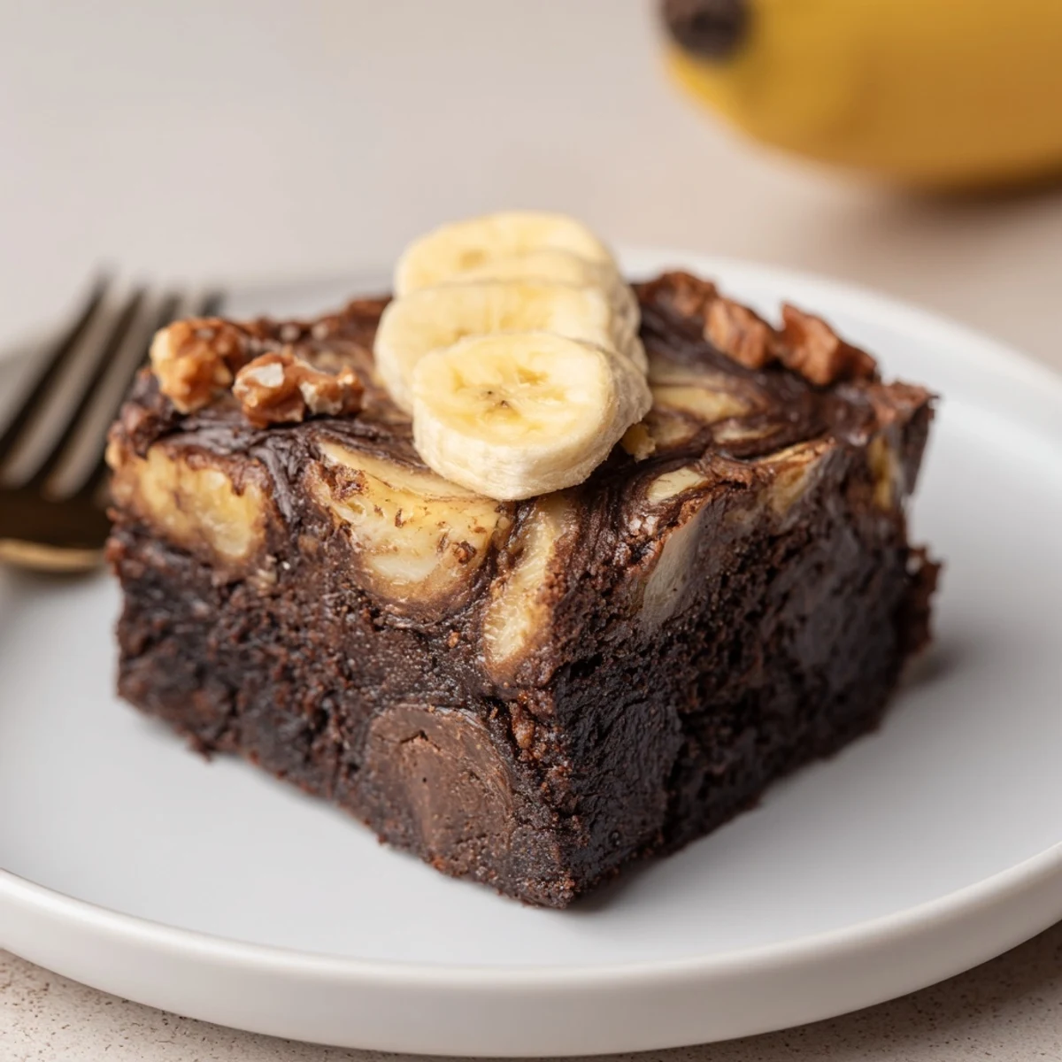 Warm Banana Pudding Brownies with marbled banana swirls and crunchy vanilla wafers
