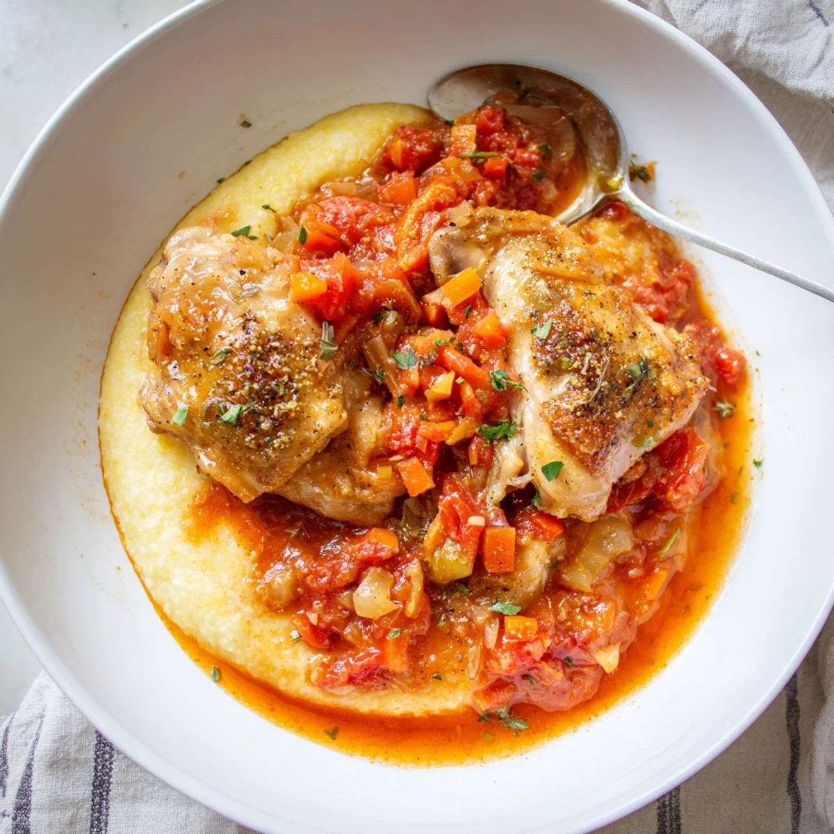Close-up of Chicken Thigh Osso Bucco simmering in rich tomato wine sauce