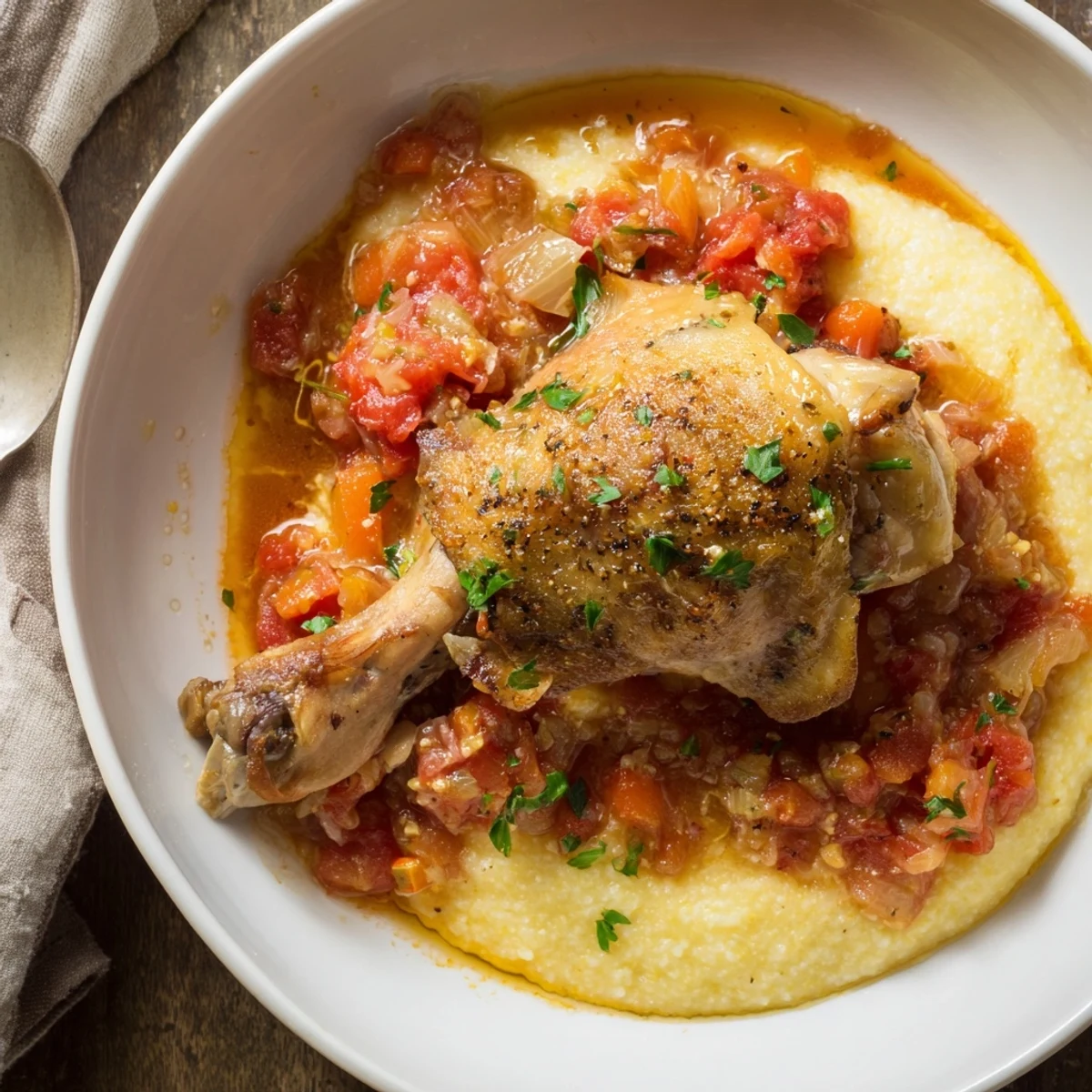 Golden-browned Chicken Thigh Osso Bucco nestled among sautéed carrots, celery, onions