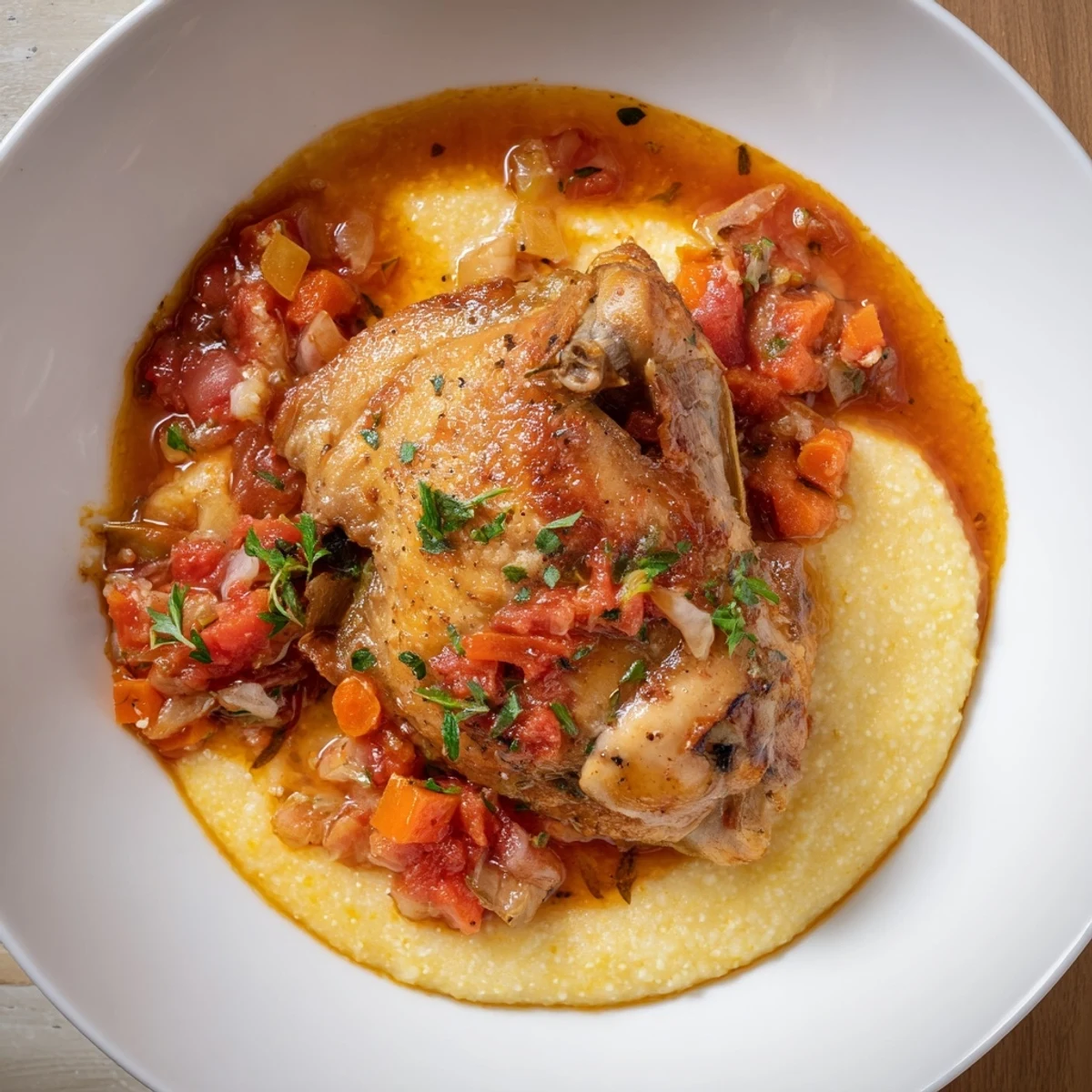 Steaming Chicken Thigh Osso Bucco served over creamy polenta, fragrant herbs