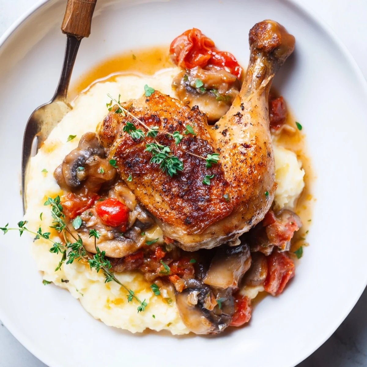 Classic French Hunters Chicken with golden seared skin, mushrooms, and tomato sauce.
