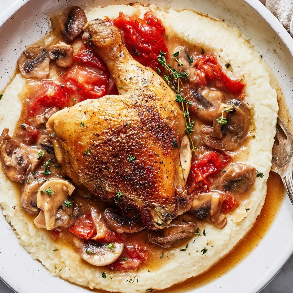 Warm, aromatic stew of mushrooms and wine with Classic French Hunters Chicken.