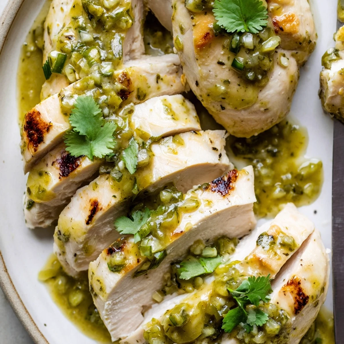 Sliced Tomatillo Ranch Chicken resting, juicy and tangy, served with cilantro