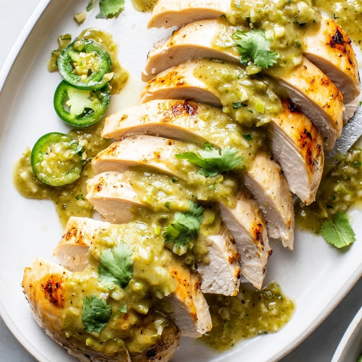 Tomatillo Ranch Chicken: golden-baked breasts glazed with bright tangy tomatillo sauce