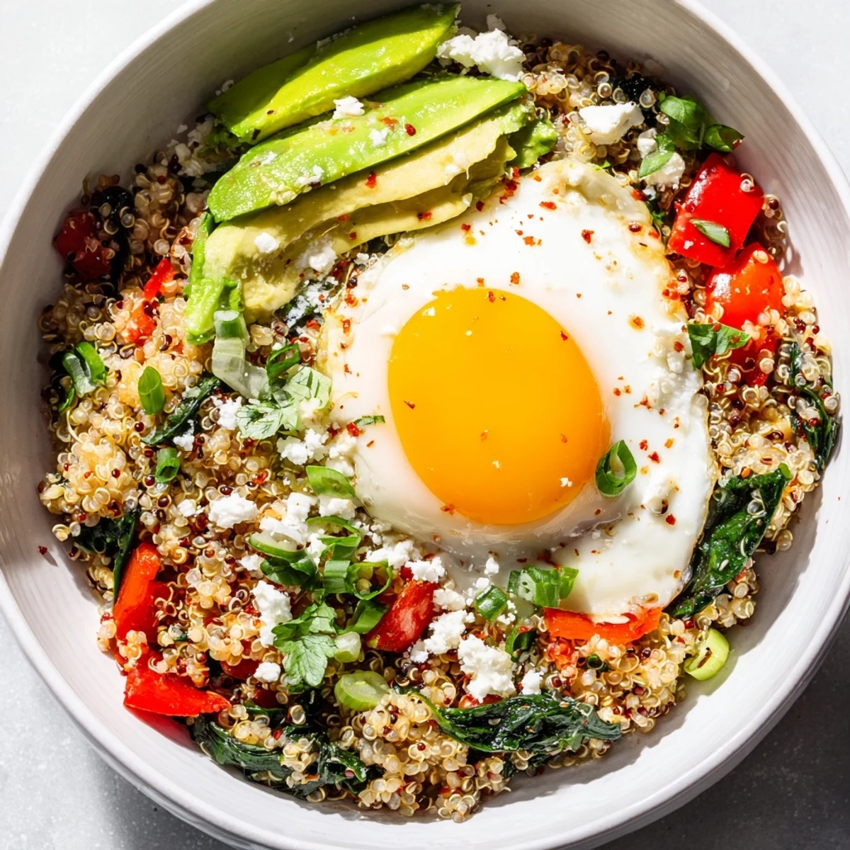 Warm quinoa breakfast bowl loaded with sautéed spinach, roasted peppers, and a poached egg