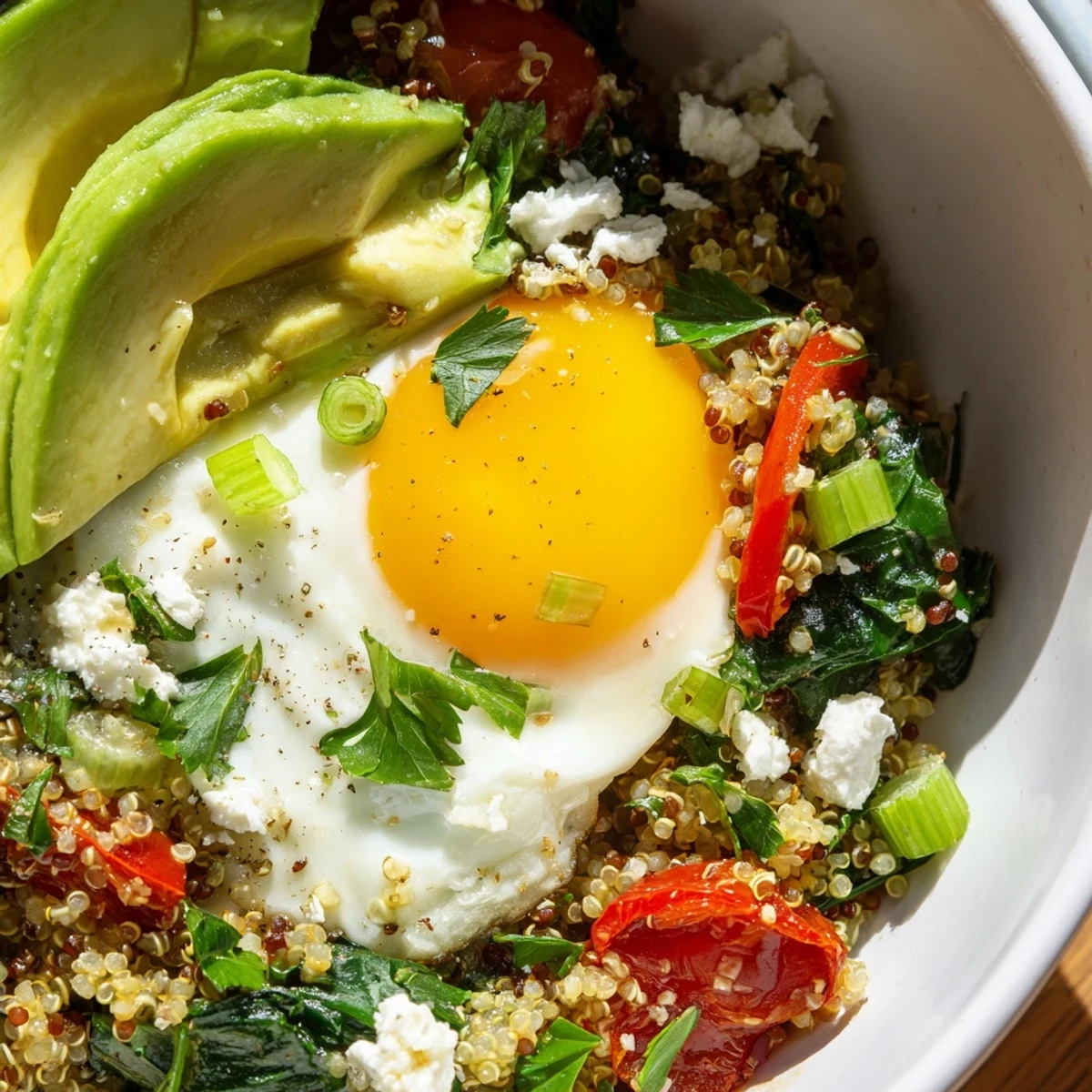 Savory quinoa breakfast bowl garnished with creamy avocado, crumbled feta, and fresh herbs
