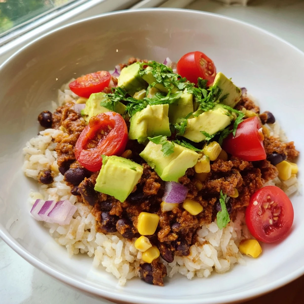 Creamy black bean and rice bowl topped with fresh avocado and bright cilantro