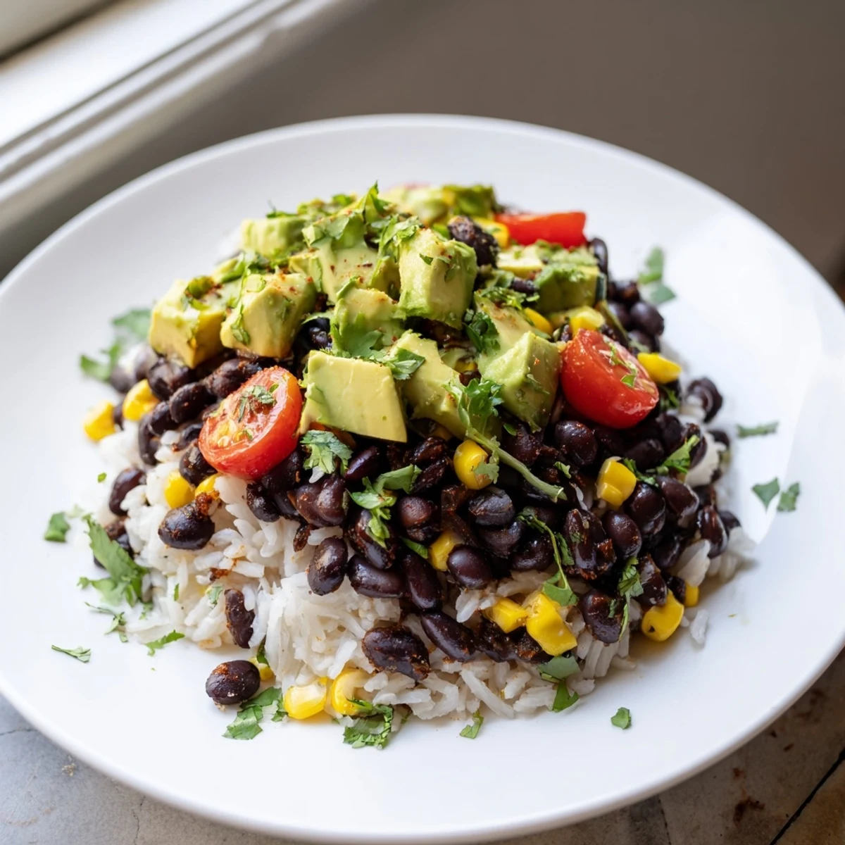 Colorful black bean and rice bowl served in a rustic ceramic dish