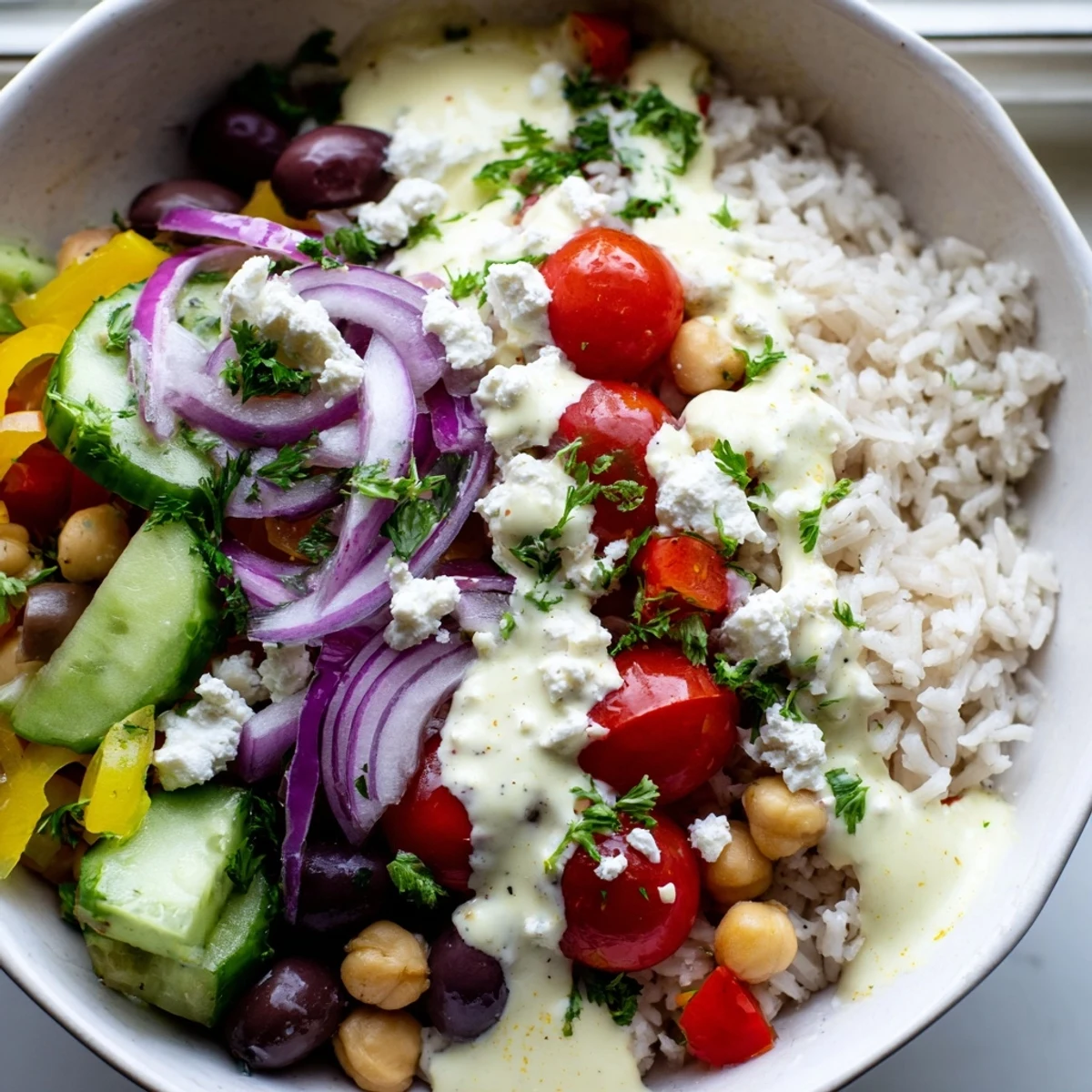 Colorful Mediterranean Rice Bowl topped with crisp veggies, chickpeas, and creamy feta
