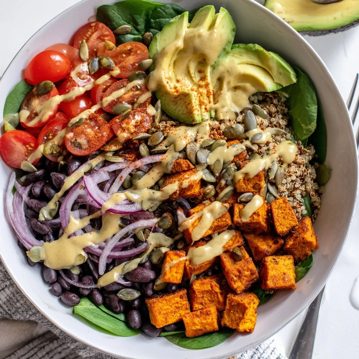 Golden roasted sweet potato bowl drizzled with zesty tahini over fresh greens