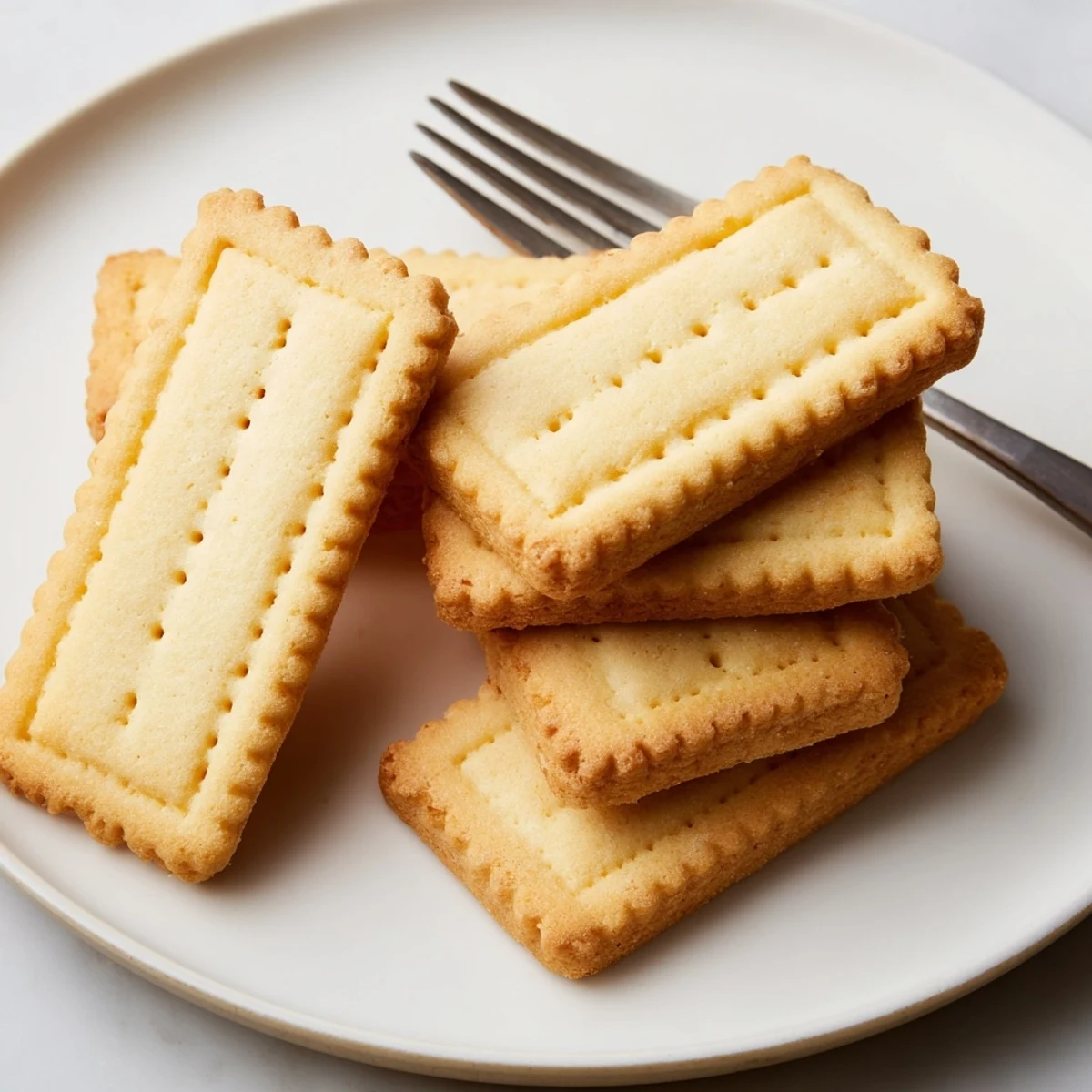 Crispy buttery Petit Beurre biscuits fresh from the oven with delicate fork puncture marks