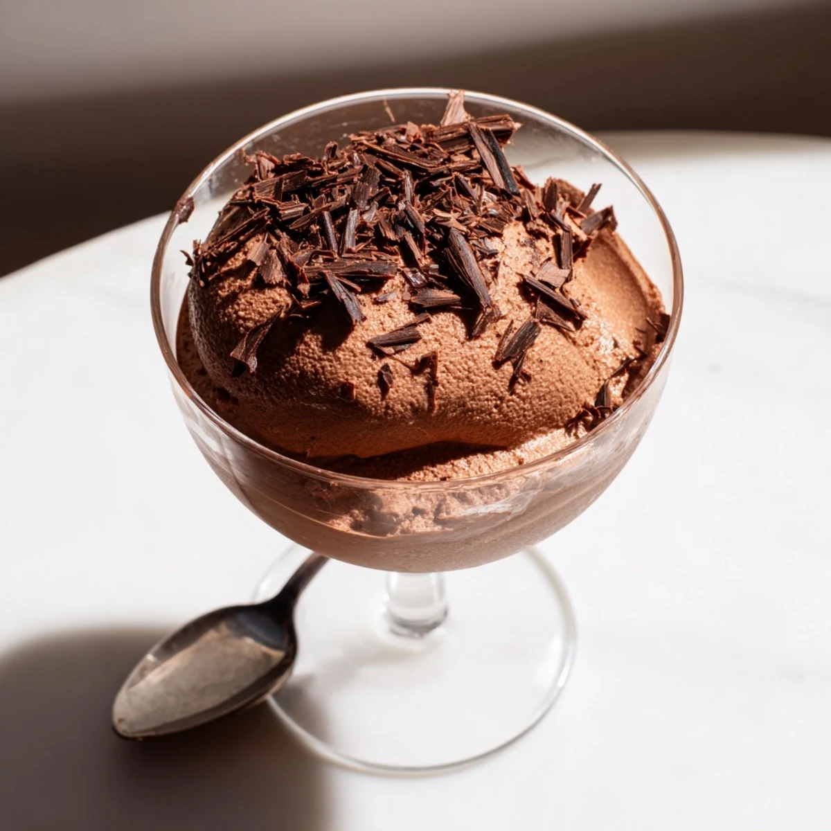 Creamy chocolate mousse spooned into dessert cups with a dollop of whipped cream